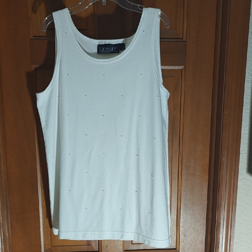 Karen Kane White Tank Top with Subtle Pearl Embellishments